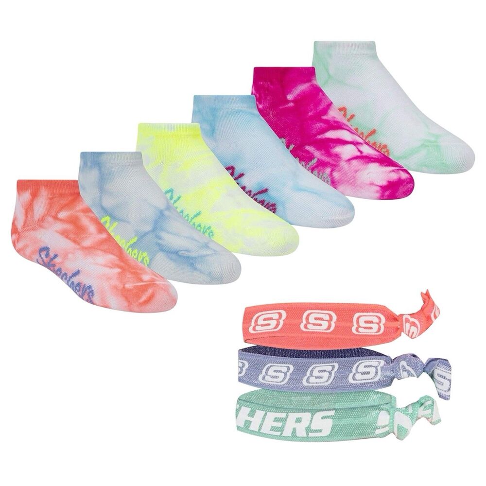Skechers 6 Pack Low Cut Socks, Size 5-6.5 + 3 Pack Hair Ties, Toddler-little kid